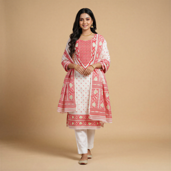 Handcrafted Cotton Kurta & Dupatta | Rose & White
