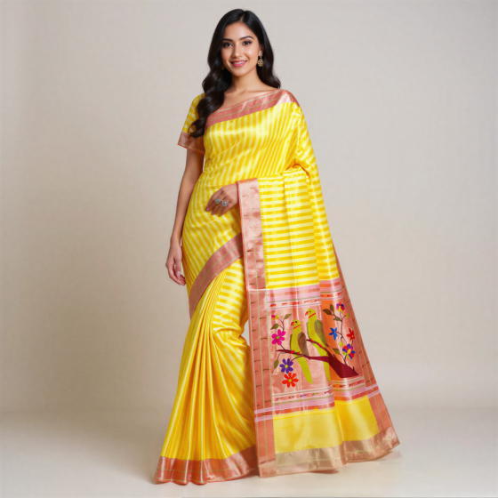 Handloom Silk Munia Brocade Yellow Paithani Silk Saree