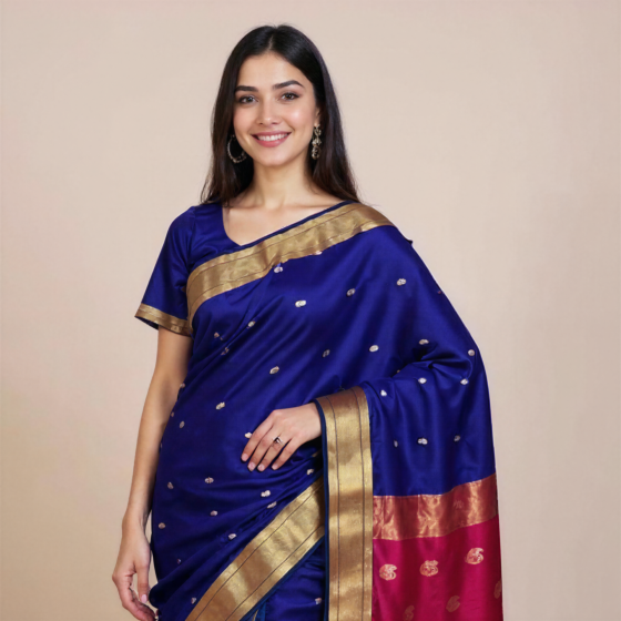 Handloom Cotton Dark Blue Saree with Blouse Piece