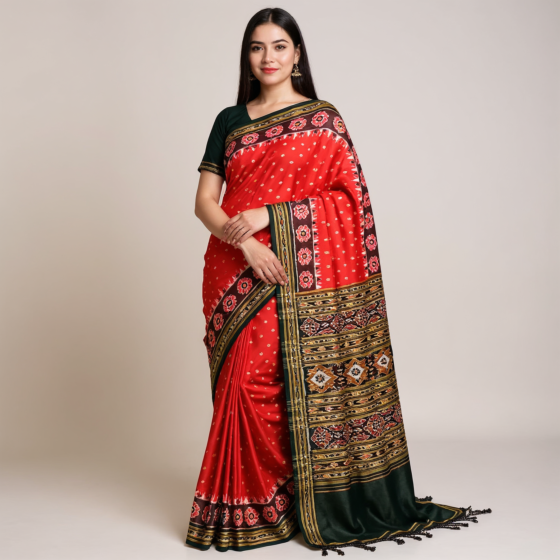 Bright Red Khandua Silk Saree