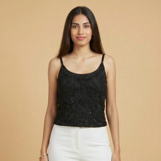Handcrafted Black Beaded Zari Spaghetti Top | M