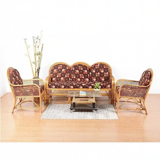 Natural Rattan Cane 3 Seater Sofa Set and 2 Single Seater Chair with Cushions (Brown)