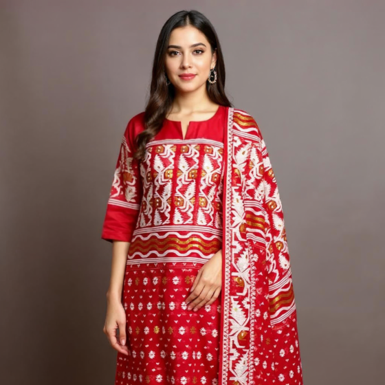 Handloom Unstitched Cotton Suit with Dupatta | Red