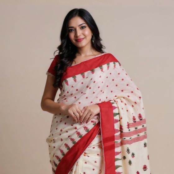 Bengal Traditional Cotton Saree-WHITE