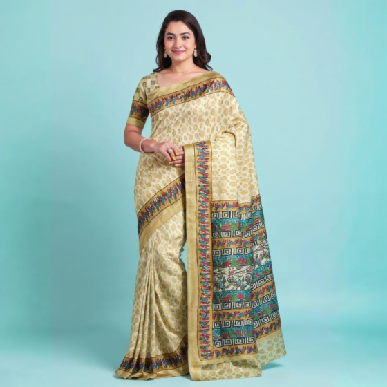 Hand Block Printed Gond Art Saree on Handloom Tussar Silk Fabric 