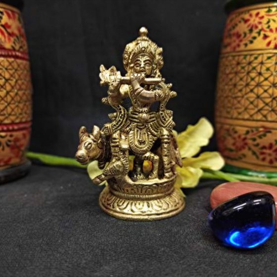 Brass Krishna With Cow Idol KBH01492