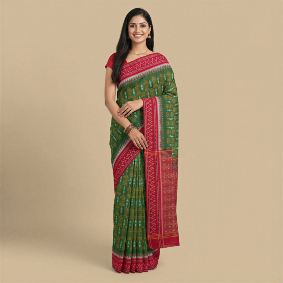 Handwoven Sambalpuri Single Ikat Cotton Saree | Olive-Maroon
