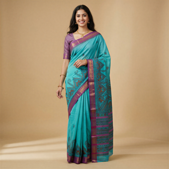 Handcrafted Madhubani Painting Cotton Saree with Blouse