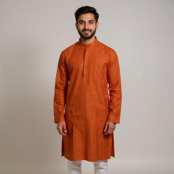 Hand-Embroidered Orange Kurta for Men | XL