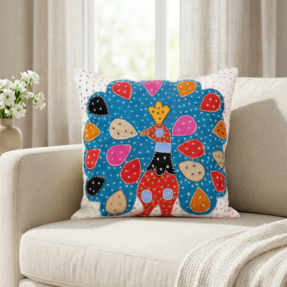 Multicoloured Peacock Applique Cushion Cover