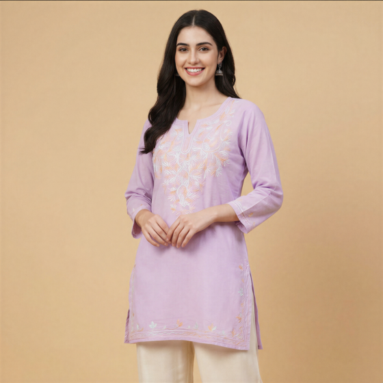 Hand-Embroidered Pure Cotton Lilac Short Kurti | Small