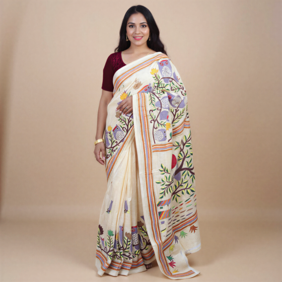 Kantha Stitch Gachi Tussar Silk Saree | Cream