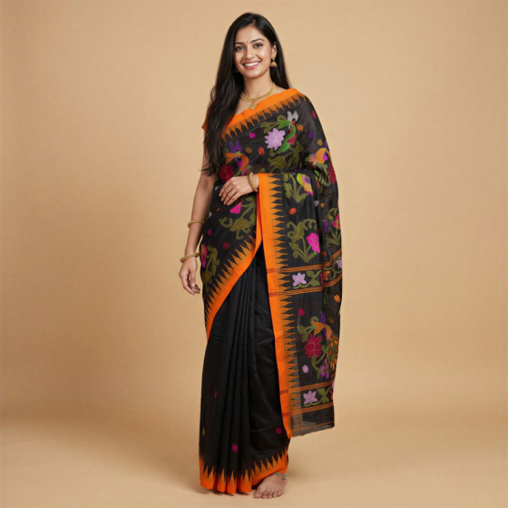 Manipuri Cotton Black Saree