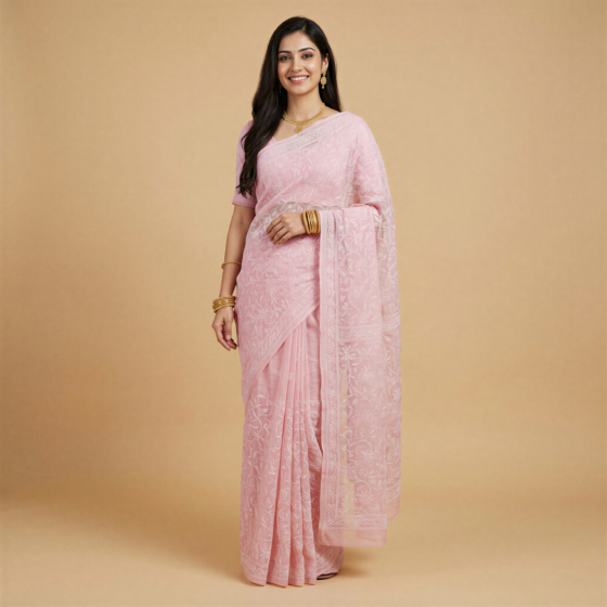 Handcrafted Kota Cotton Chikankari Saree | Peach and White