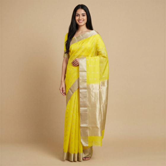 Chanderi Saree Yellow 6.25 Meter Silk Cotton with Zari Border