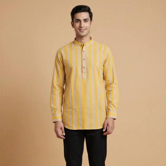 Handloom Cotton Striped Short Kurta for Men | L