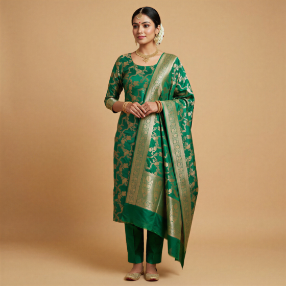 Green Banarasi Unstitched Suit Material with Dupatta