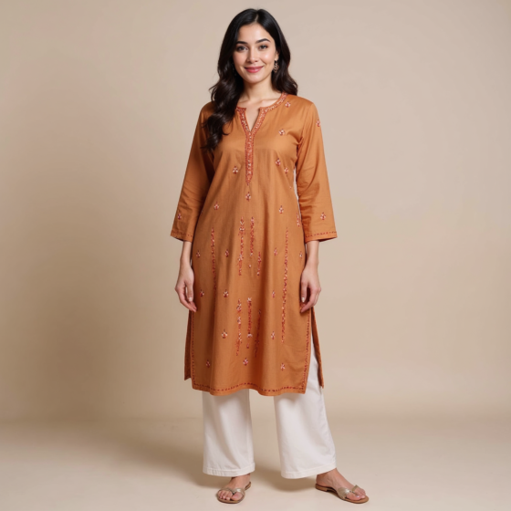 Cotton Kurta with Paper Machine Sozni Work - Brown
