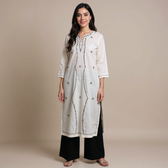 Cotton Kurta with Paper Machine Sozni Work - White
