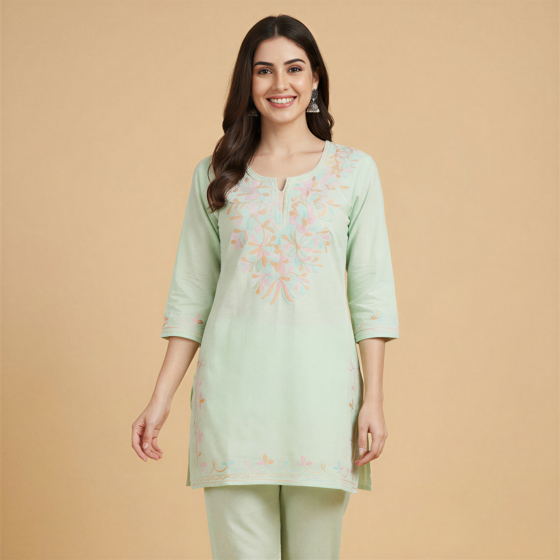 Hand-Embroidered Cotton Pista Green Short Kurti | M