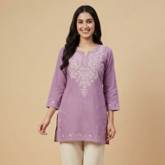 Hand-Embroidered Cotton Purple Short Kurti | Medium