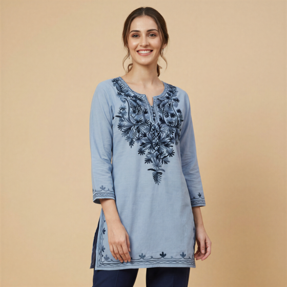 Hand-Embroidered Cotton Grey Short Kurti | Medium