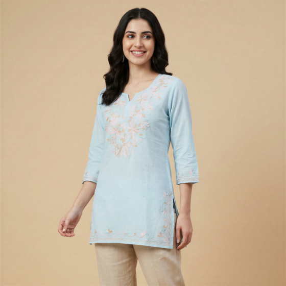 Hand-Embroidered Cotton Powder Blue Short Kurti | Large