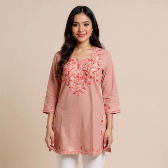 Hand-Embroidered Cotton Mauve Short Kurti | Small