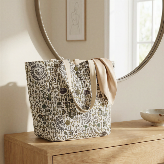 Handcrafted Warli Print Cream Tote Bag