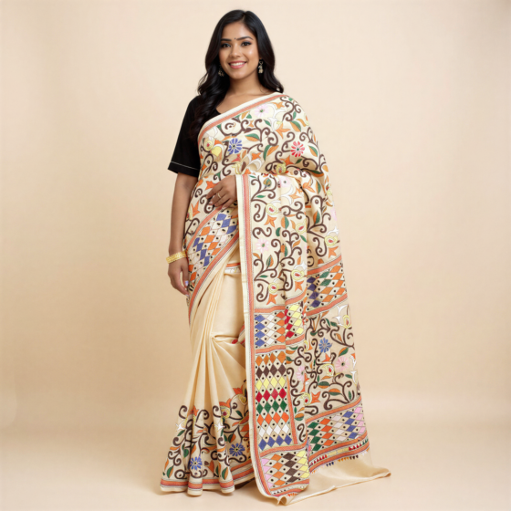 Kantha Stitch Gachi Tussar Silk Saree Vibrant Hues for Special Occasions