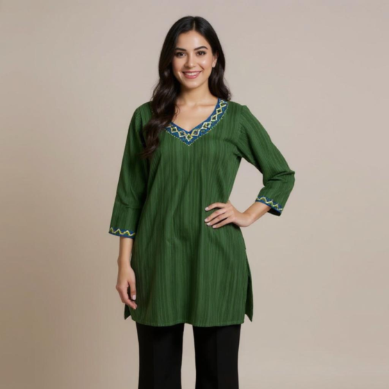 HAND EMBROIDERED V NECK GREEN KURTA FOR LADIES