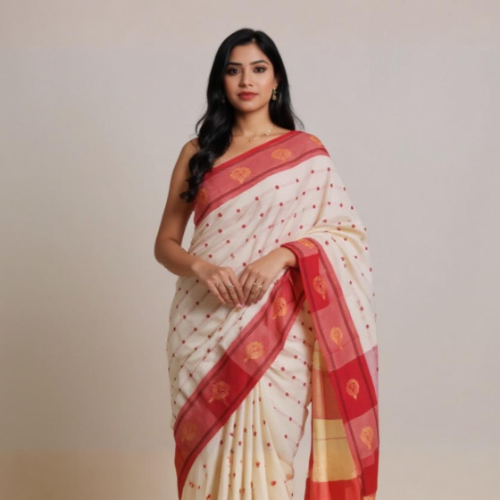 Bengal Soft Cotton Saree | White & Red | 5.5 x 1.19 metres