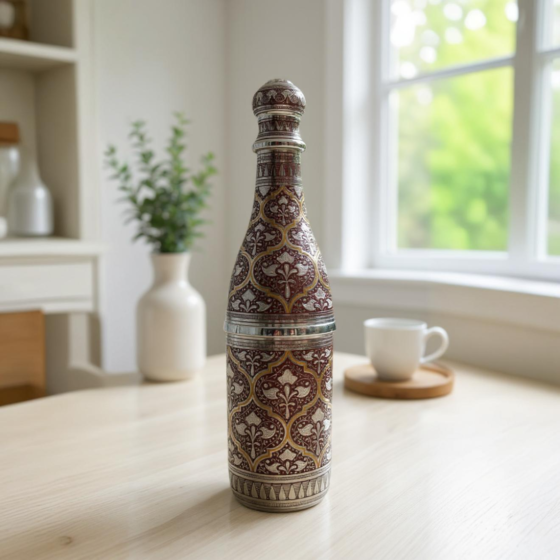 RED BRASS DECORATIVE METAL ENGRAVED BOTTLE MULTI COLORED WITH NICKLE