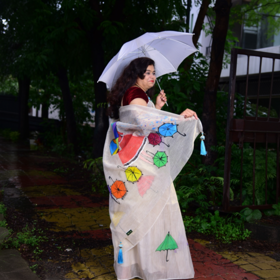 Hand-Painted Monsoon-Themed Tissue Silk Saree