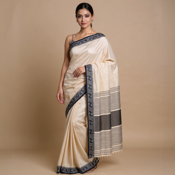 Bengal GI tagged Traditional beige cotton Santipuri saree