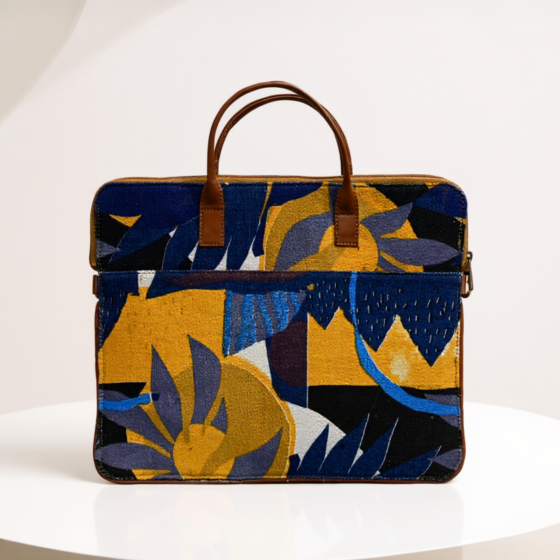 Premium Leather and Fabric Laptop Bag | Floral Print | Blue