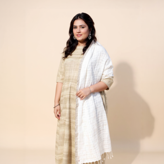 Silk Linen Stole | White with Grey Border