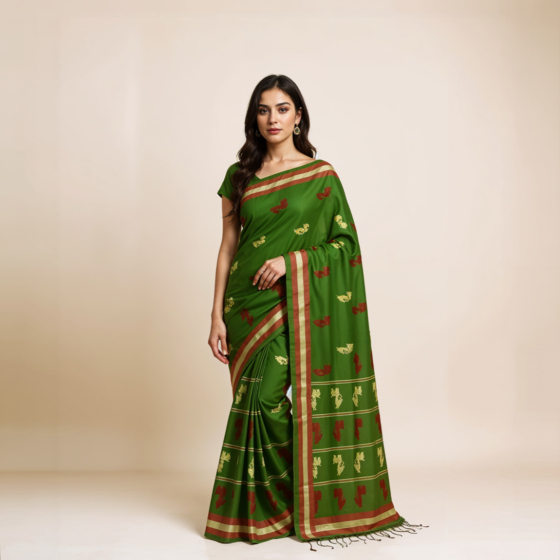 Bengal GI tagged Traditional green cotton Santipuri saree