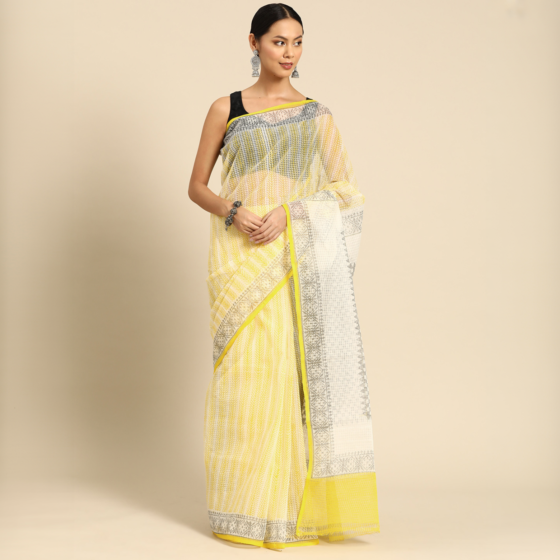 Kota Doria Block Printed Saree Handmade