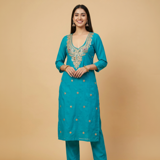 Handcrafted Gotta Patti Unstitched Kurta Material|Blue