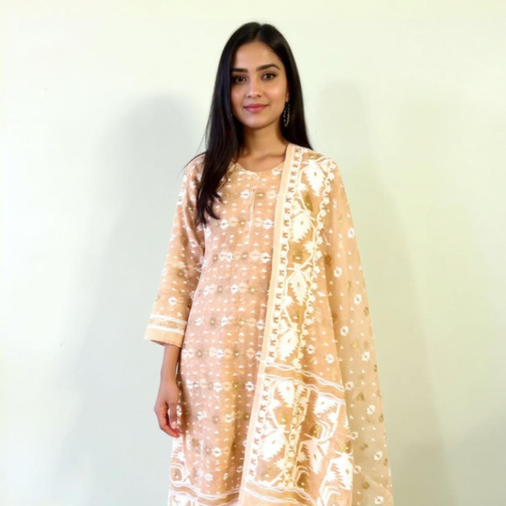 Handloom Unstitched Cotton Suit with Dupatta | Beige