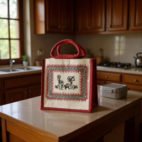 Handcrafted Eco Friendly Reusable Red Jute Bag With Dancing Figures