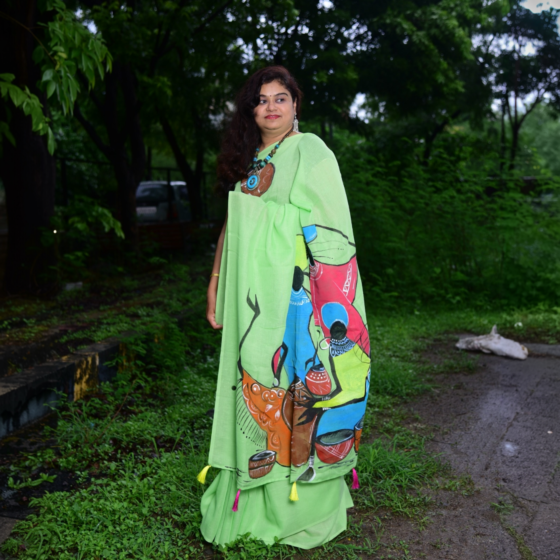 Hand-Painted Pure Linen Green Saree |600 x 160 cm
