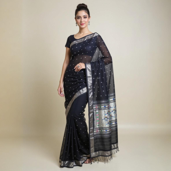 Handloom Cotton Paithani Deep Grey Saree