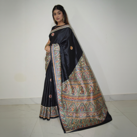Tussar Gheecha Table Dye Madhubani | Hand Painted Black Handloom Silk Saree