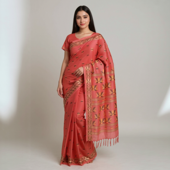 Bengal Handloom Cotton Coral Pink Saree
