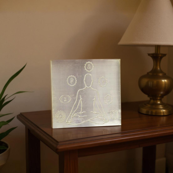 Selenite Charging Plate 7 Chakra with Yoga Symbol