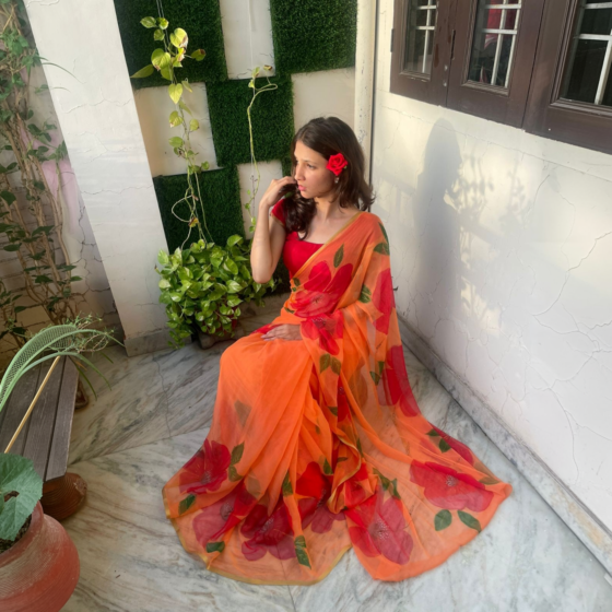 Chiffon Saree with Hand-Printed Hibiscus Flowers 