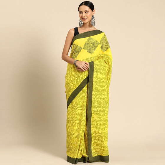 Hand-Block Print Pure Mulmul Cotton Saree  | Yellow