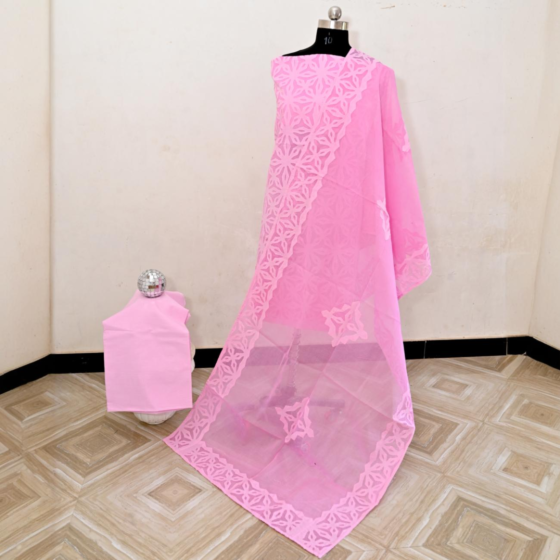 Applique Cotton Unstitched Pink Suit Set